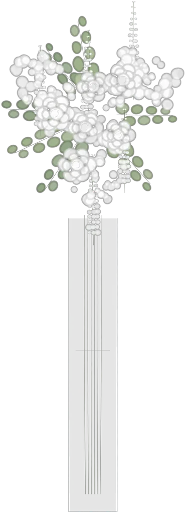 Blanc et vert dessiné à l’aquarelle : rose de plein champ, delphinium, gypsophile, eucalyptus