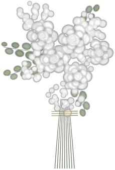 Blanc et vert dessiné à l’aquarelle : lisianthus, gypsophile, eucalyptus