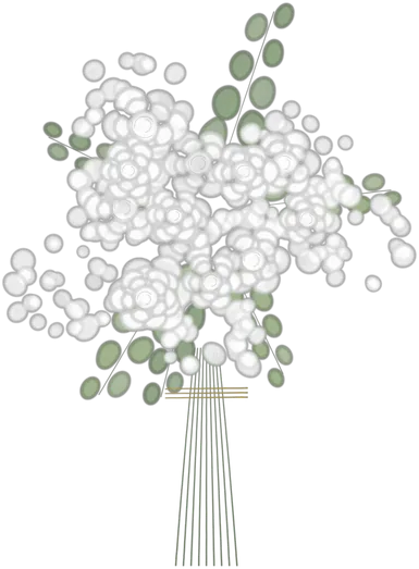 Blanc et vert dessiné à l’aquarelle : rose de plein champ, lisianthus, gypsophile, eucalyptus