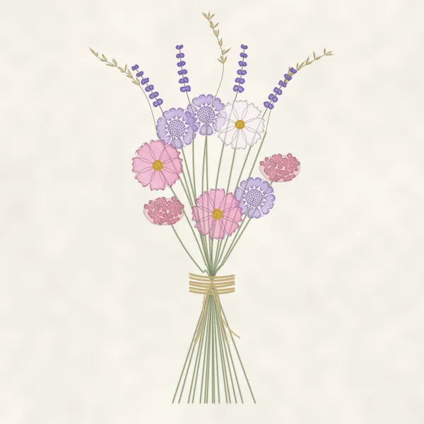 Dessin à l’aquarelle d’un bouquet champêtre lié de raphia : cosmos roses et blancs, scabieuses mauves, achillée rose, épis de lavande et graminées.