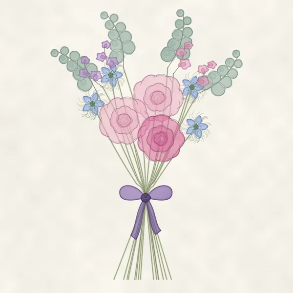 Dessin à l’aquarelle d’un bouquet rond noué d’un ruban violet : pivoines roses, pois de senteur, nigelles bleues et rameaux d’eucalyptus.