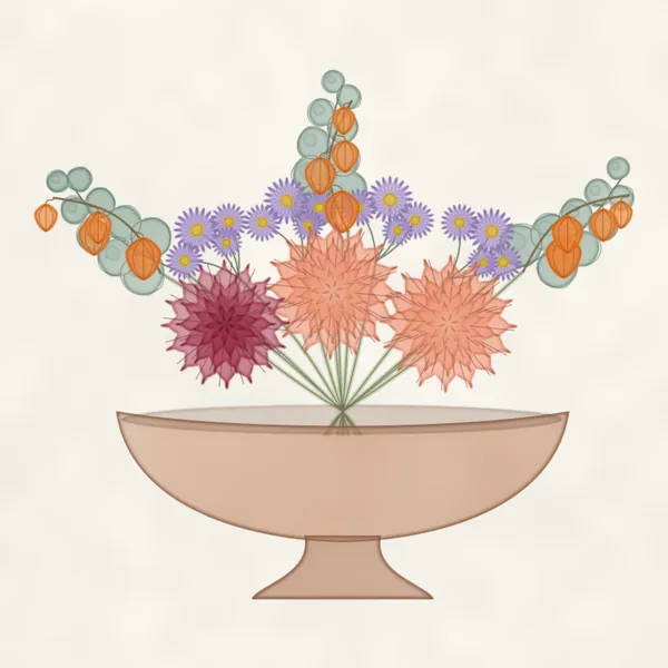 Dessin à l’aquarelle d’une coupe basse en terre cuite : dahlias corail et bordeaux, rameaux d’aster mauve, lanternes de physalis et eucalyptus.