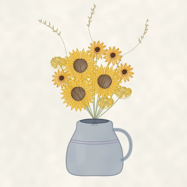Dessin à l’aquarelle d’une cruche en grès garnie de trois tournesols, de rudbeckias, d’achillée jaune et de graminées.
