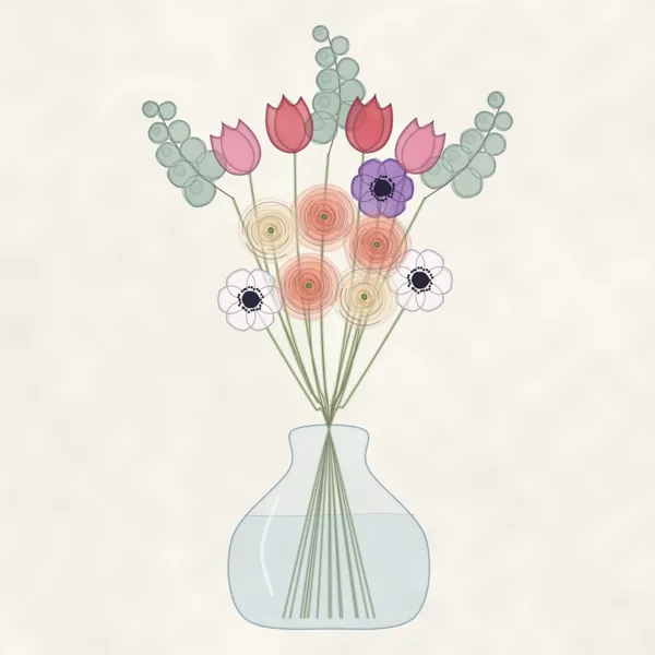 Dessin à l’aquarelle d’un vase boule en verre : tulipes rouges et roses, renoncules corail et crème, anémones blanches et violette, eucalyptus.