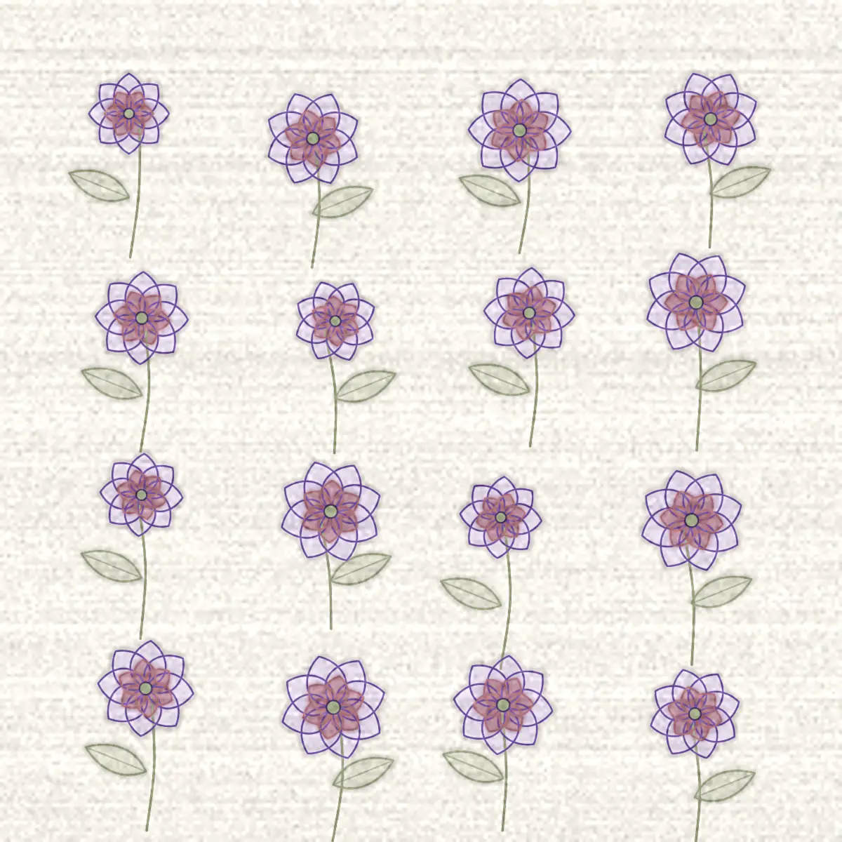 Semis dessiné de seize fleurs identiques sur leur tige, chacune avec sa feuille