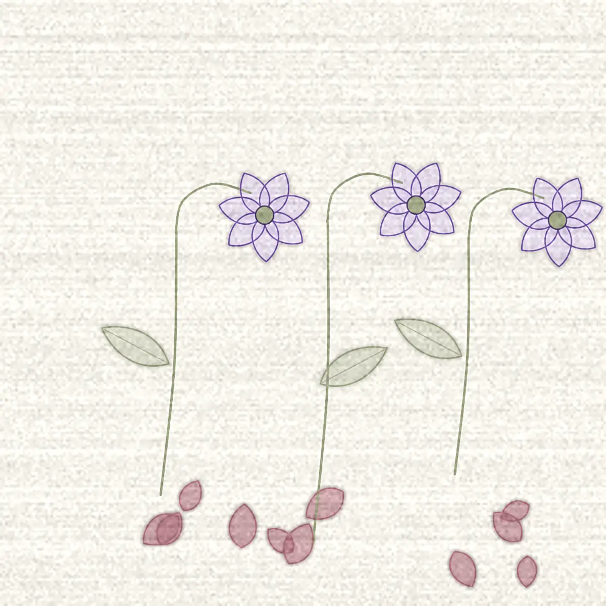Dessin de trois tiges dont la fleur plie au niveau du col, avec des pétales tombés au sol