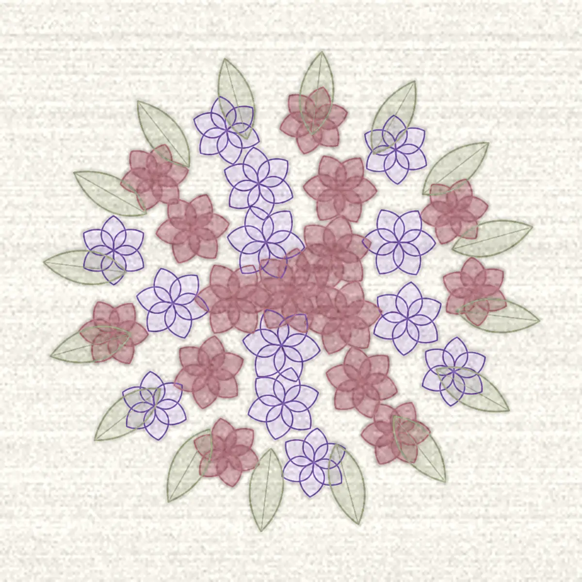 Dessin d’un bouquet rond vu de dessus, fleurs roses et violettes serrées entourées de feuillage