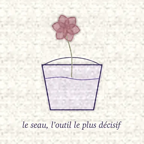 Dessin d’un seau d’eau propre où trempe une fleur