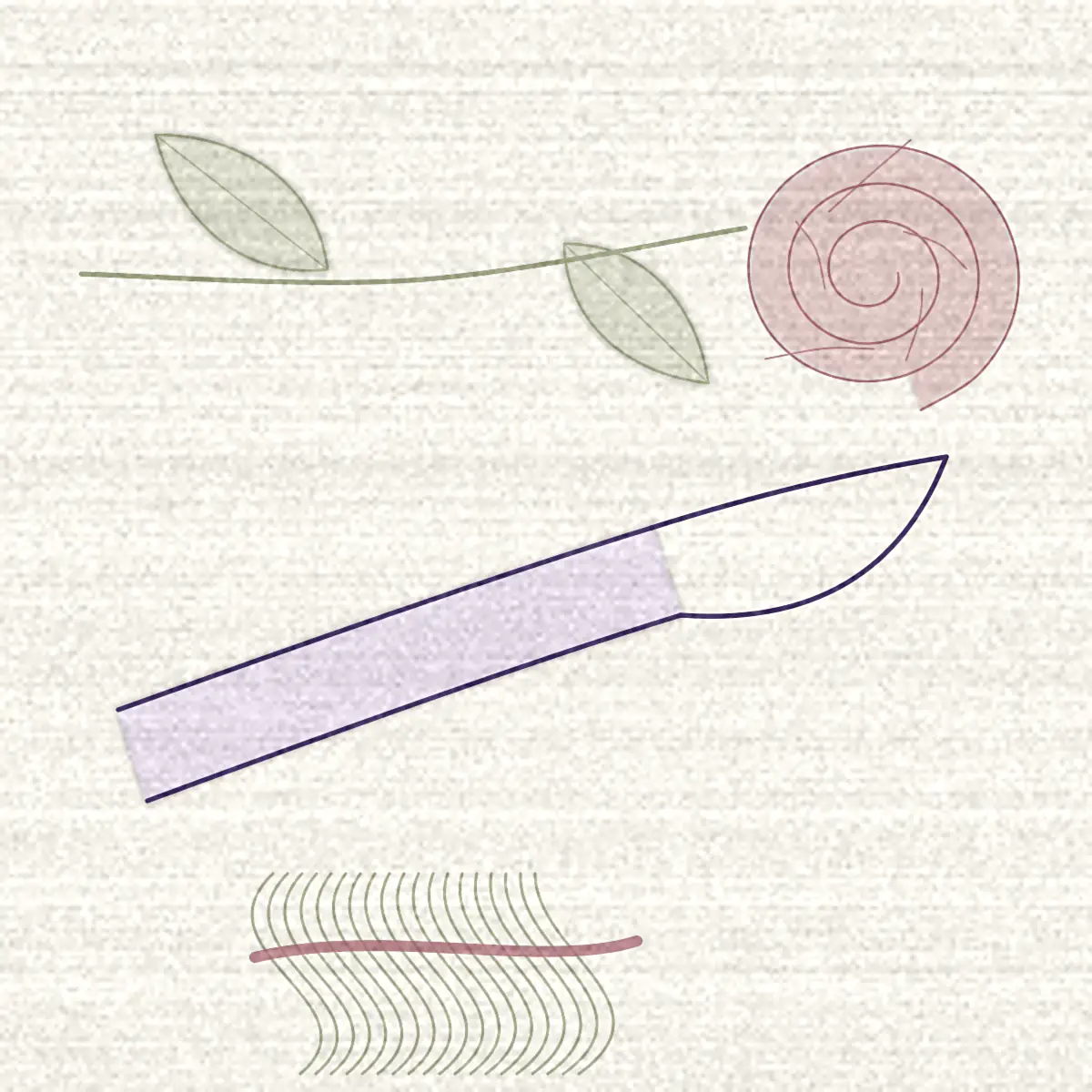 Dessin d’un couteau de fleuriste, d’une tige de rose ébarbée et d’un écheveau de raphia posés sur un fond crème