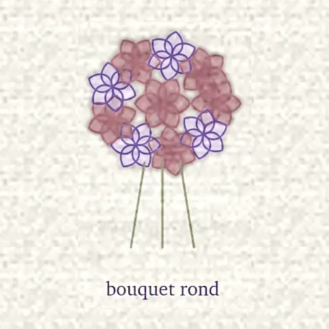 Dessin d’un bouquet rond : fleurs serrées en dôme au-dessus de tiges rassemblées en spirale