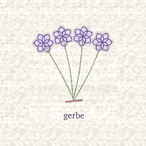 Dessin d’une gerbe : fleurs alignées sur des tiges couchées dans le même sens et liées bas