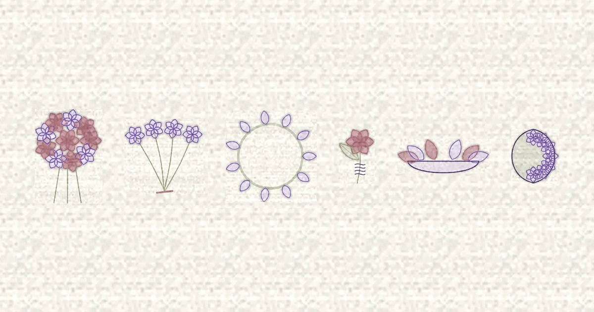Six silhouettes de compositions florales alignées : bouquet rond, gerbe, couronne, boutonnière, centre de table et raquette
