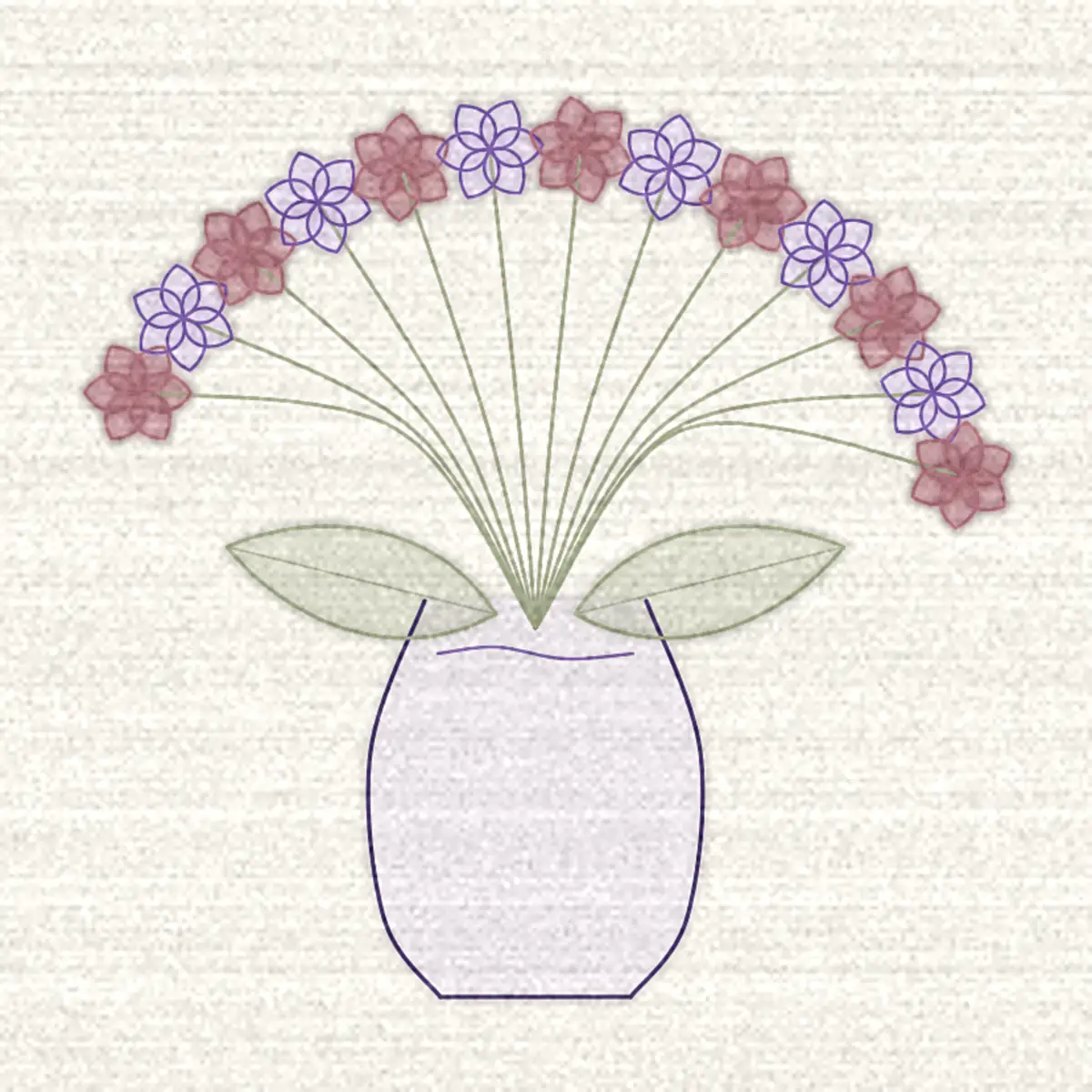 Dessin d’un bouquet en éventail dans un vase pansu, vu de face
