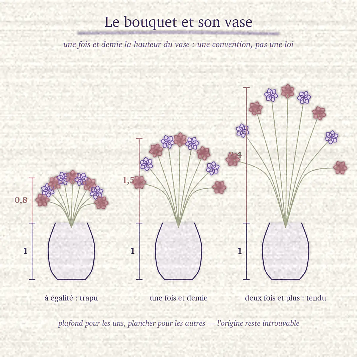 Trois bouquets dessinés dans le même vase, cotés : hauteur égale, une fois et demie, deux fois et plus