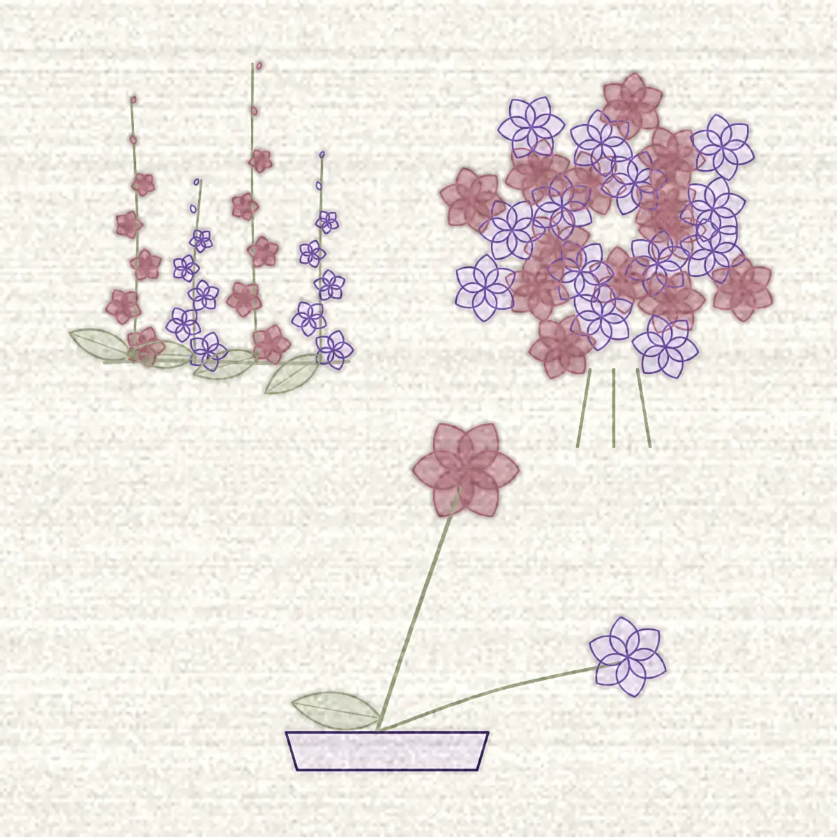 Dessin de trois compositions florales de styles différents : végétatif, décoratif et linéaire