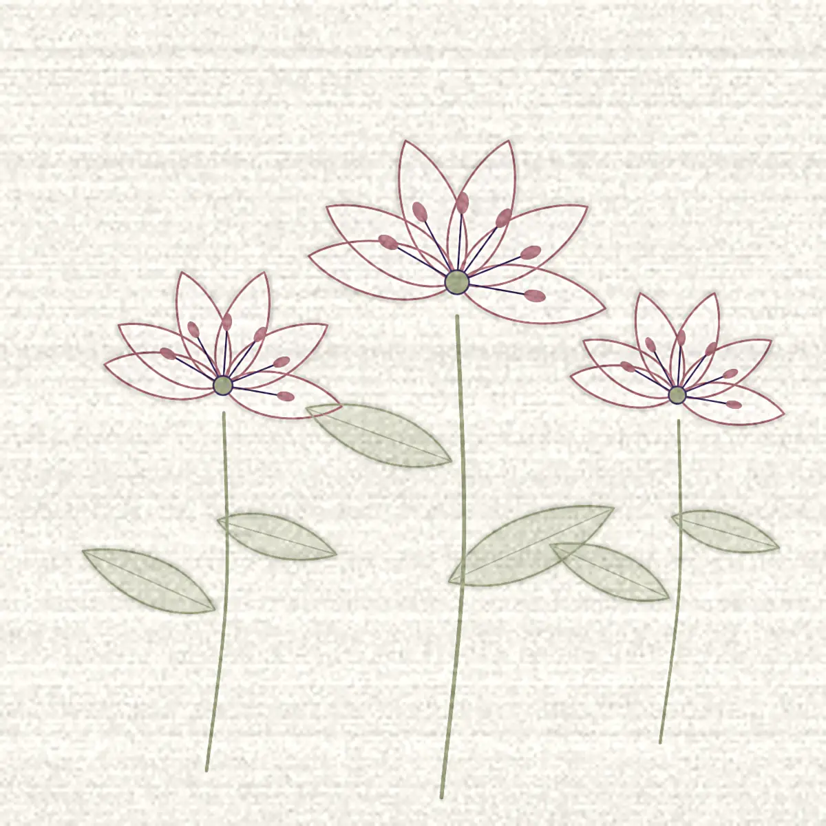 Dessin de trois lys sur leur tige, fleurs ouvertes et étamines apparentes